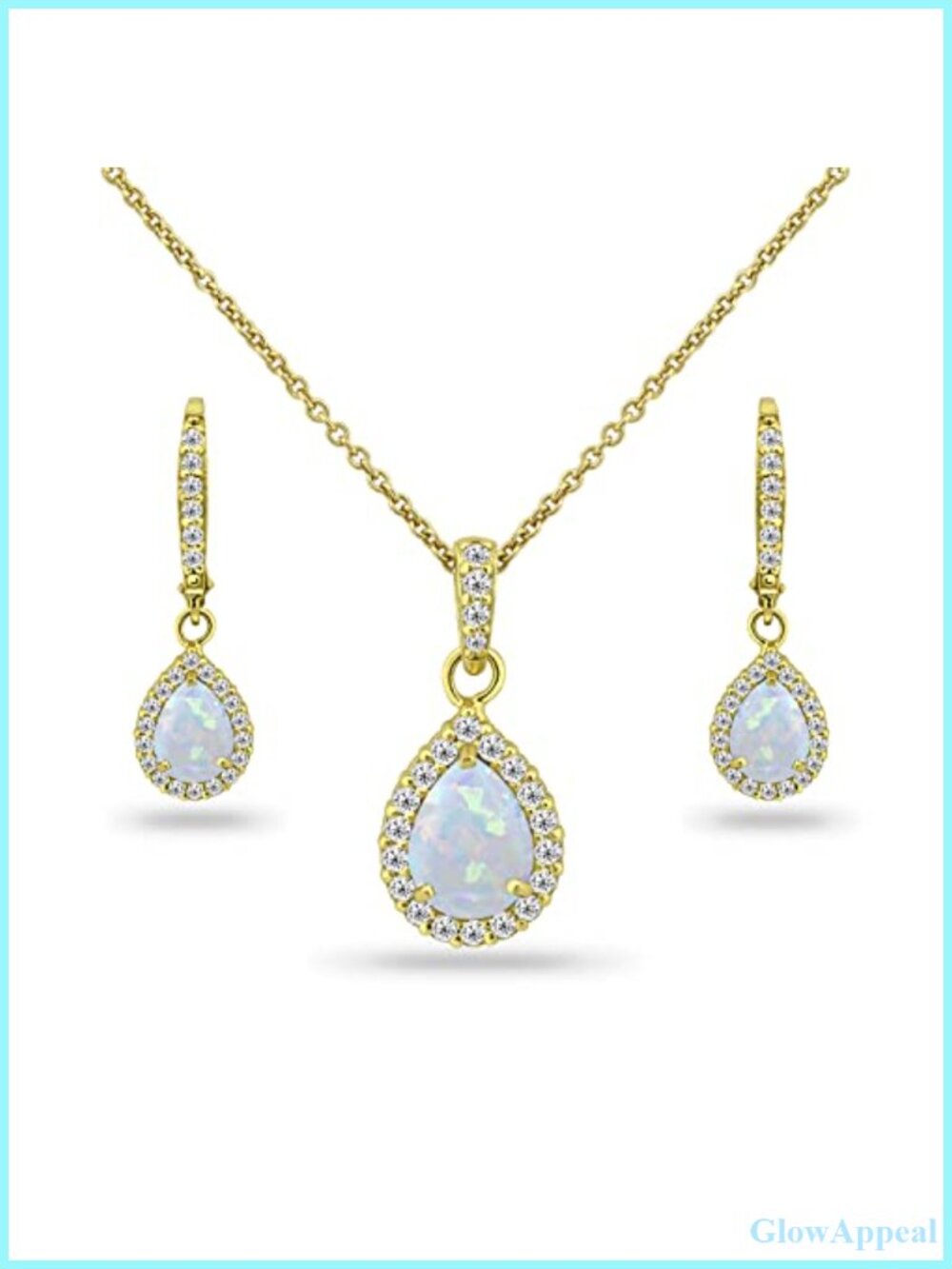 Sterling Silver Simulated Opal Halo Teardrop Necklace Earrings Jewelry Set